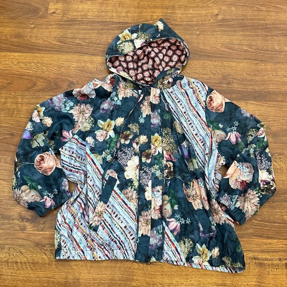 Tolani Collection patchwork mixed media zip up hooded jacket